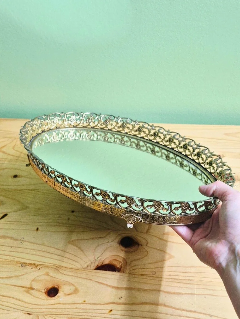 Vintage Oval Filigree Footed Vanity Mirror Tray
